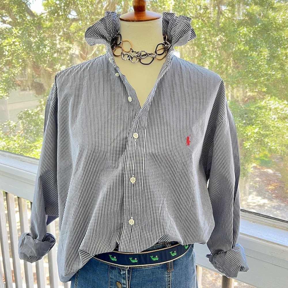 Upcycled Re-worked Ralph Lauren Blake Black Micro Check Ruffle Collar Shirt XXL